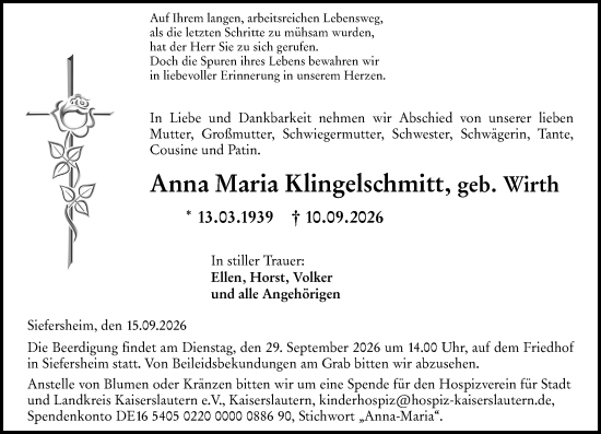 Traueranzeige von Anna Maria Klingelschmitt von Allgemeine Zeitung Alzey