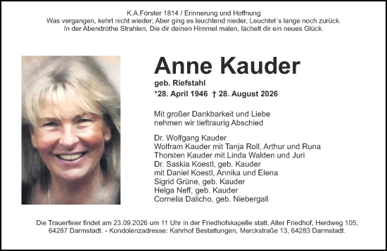 Traueranzeige von Anne Kauder von Darmstädter Echo