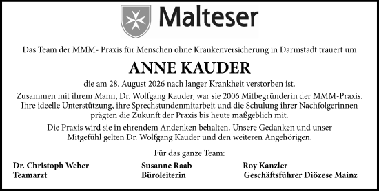 Traueranzeige von Anne Kauder von Darmstädter Echo