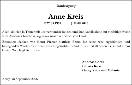Traueranzeige von Anne Kreis von Allgemeine Zeitung Alzey