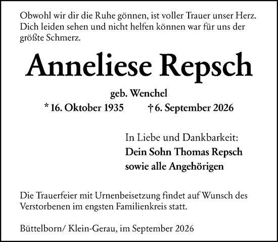 Traueranzeige von Anneliese Repsch von Groß-Gerauer Echo