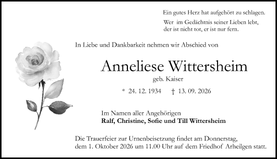 Traueranzeige von Anneliese Wittersheim von Darmstädter Echo