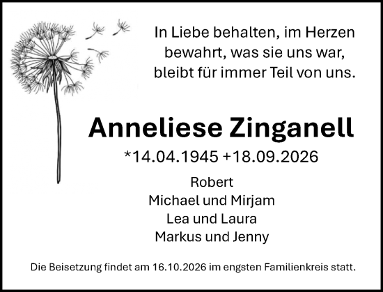 Traueranzeige von Anneliese Zinganell von Wetzlarer Neue Zeitung