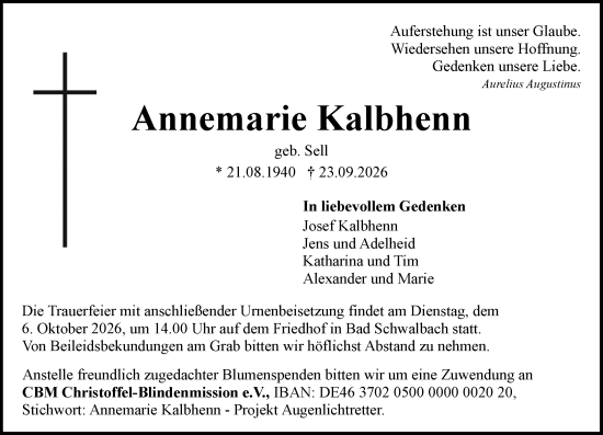 Traueranzeige von Annemarie Kalbhenn von Idsteiner Land/Untertaunus