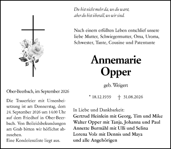 Traueranzeige von Annemarie Opper von Darmstädter Echo