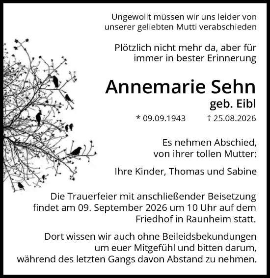 Traueranzeige von Annemarie Sehn von Rüsselsheimer Echo