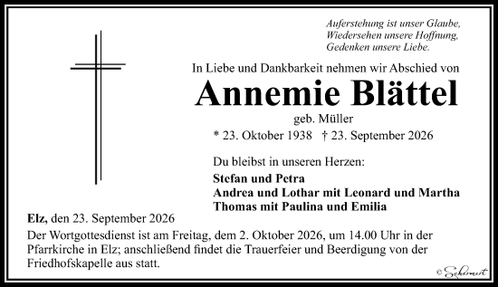 Traueranzeige von Annemie Blättel von Nassauische Neue Presse