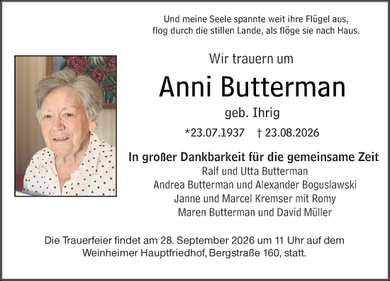 Traueranzeige von Anni Butterman von Odenwälder Echo