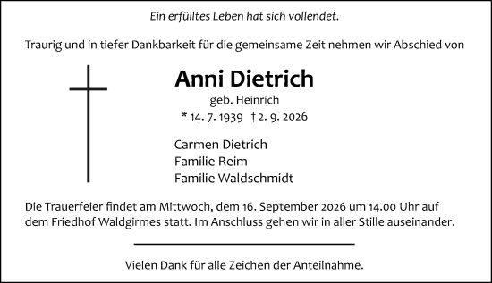 Traueranzeige von Anni Dietrich von Wetzlarer Neue Zeitung