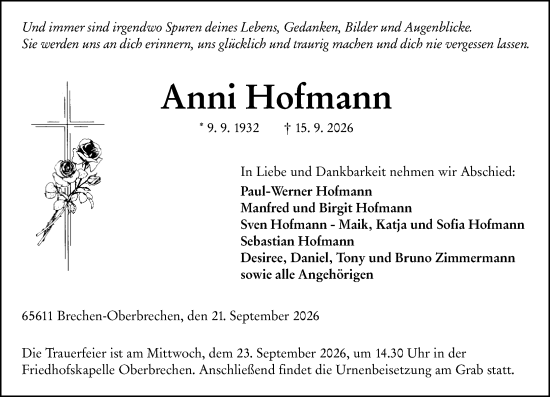 Traueranzeige von Anni Hofmann von Nassauische Neue Presse