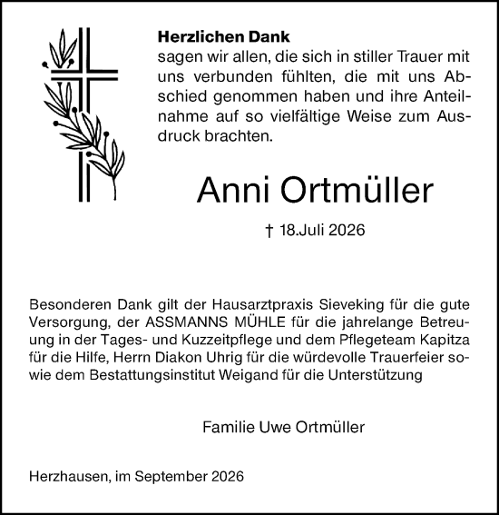 Traueranzeige von Anni Ortmüller von Hinterländer Anzeiger