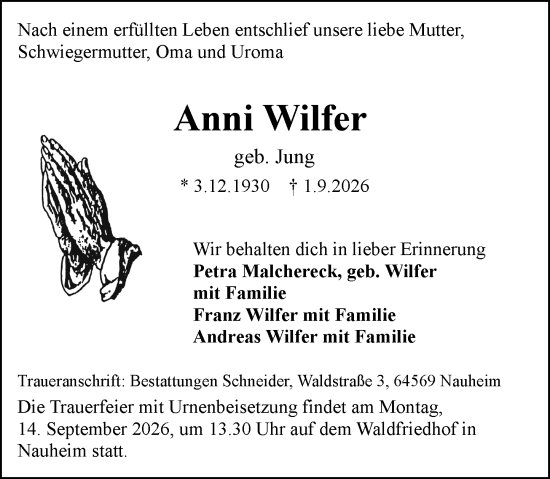 Traueranzeige von Anni Wilfer von Groß-Gerauer Echo