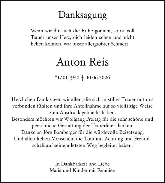 Traueranzeige von Anton Reis von Hinterländer Anzeiger