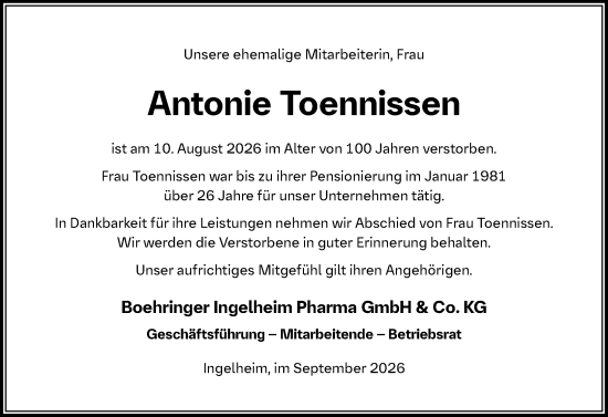 Traueranzeige von Antonie Toennissen von Allgemeine Zeitung Rheinhessen-Nahe