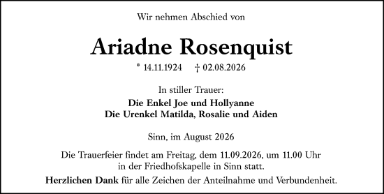 Traueranzeige von Ariadne Rosenquist von Dill Block