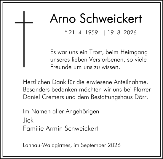 Traueranzeige von Arno Schweickert von Wetzlarer Neue Zeitung