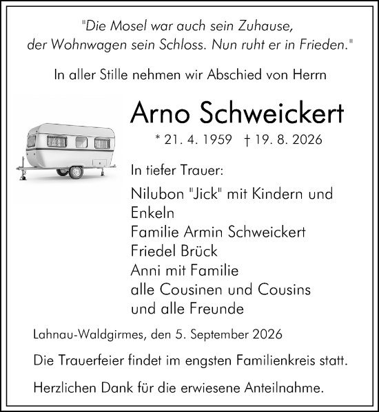 Traueranzeige von Arno Schweickert von Wetzlarer Neue Zeitung