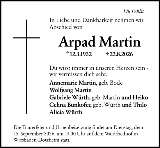 Traueranzeige von Arpad Martin von Wiesbadener Kurier