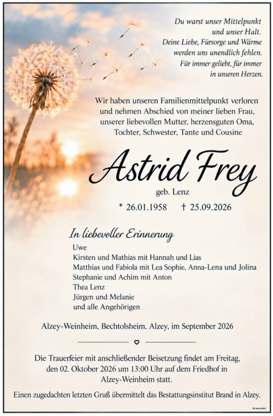 Traueranzeige von Astrid Fri von Allgemeine Zeitung Alzey