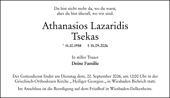 Traueranzeige von Athanasios Lazaridis von Wiesbadener Kurier