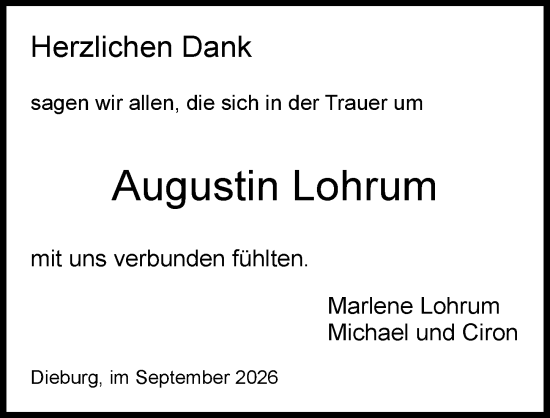 Traueranzeige von Augustin Lohrum von Dieburger Anzeiger/Groß-Zimmerner Lokal-Anzeiger