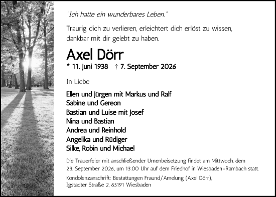 Traueranzeige von Axel Dörr von Wiesbadener Kurier