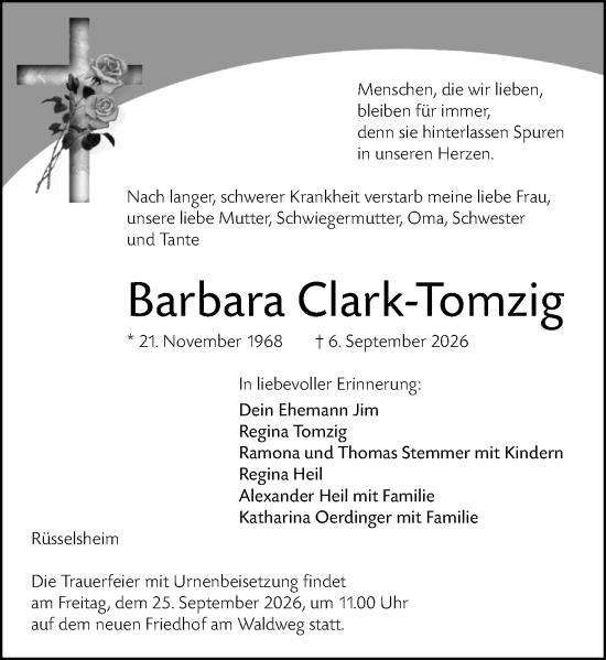 Traueranzeige von Barbara Clark-Tomzig von Rüsselsheimer Echo