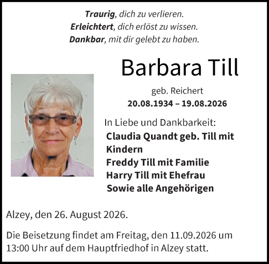 Traueranzeige von Barbara Till von Allgemeine Zeitung Alzey