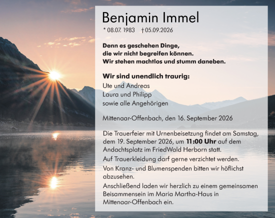 Traueranzeige von Benjamin Immel von Dill Block