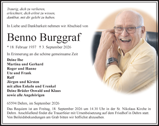 Traueranzeige von Benno Burggraf von Nassauische Neue Presse