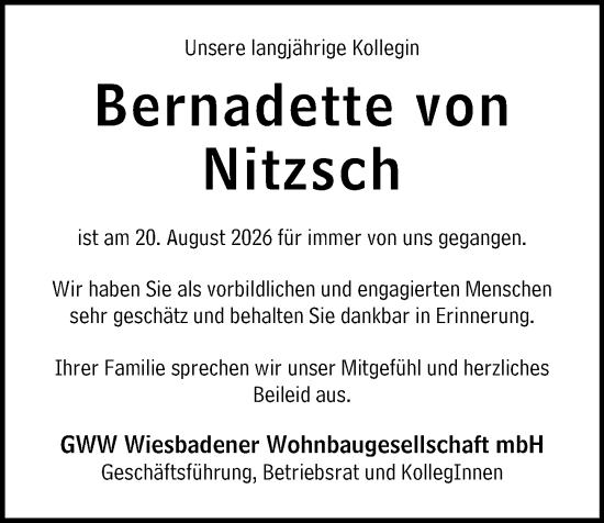 Traueranzeige von Bernadette von Nitzsch von Wiesbadener Kurier