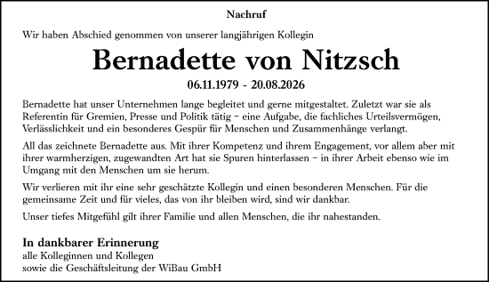 Traueranzeige von Bernadette von Nitzsch von Wiesbadener Kurier