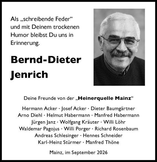 Traueranzeige von Bernd-Dieter Jenrich von Allgemeine Zeitung Mainz