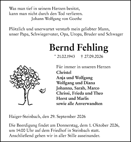 Traueranzeige von Bernd Fehling von Dill Block