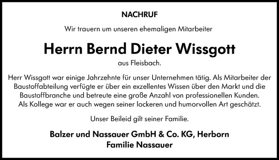 Traueranzeige von Bernd Dieter Wissgott von Dill Block