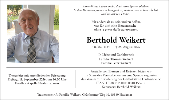 Traueranzeige von Berthold Weikert von Nassauische Neue Presse