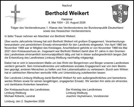 Traueranzeige von Berthold Weikert von Weilburger Tageblatt