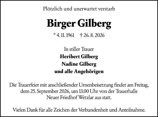 Traueranzeige von Birger Gilberg von Wetzlarer Neue Zeitung