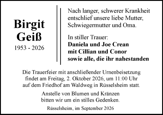 Traueranzeige von Birgit Geiß von Rüsselsheimer Echo
