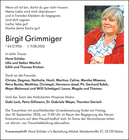 Traueranzeige von Birgit Grimmiger von Allgemeine Zeitung Mainz