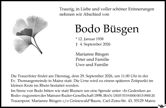 Traueranzeige von Bodo Büsgen von Allgemeine Zeitung Mainz