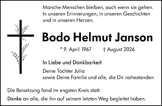 Traueranzeige von Bodo Helmut Janson von Wetzlarer Neue Zeitung
