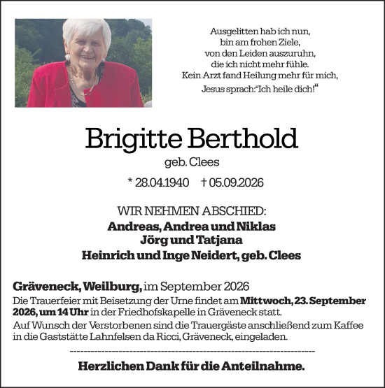Traueranzeige von Brigitte Berthold von Weilburger Tageblatt