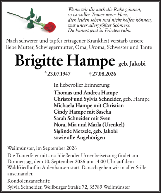 Traueranzeige von Brigitte Hampe von Weilburger Tageblatt