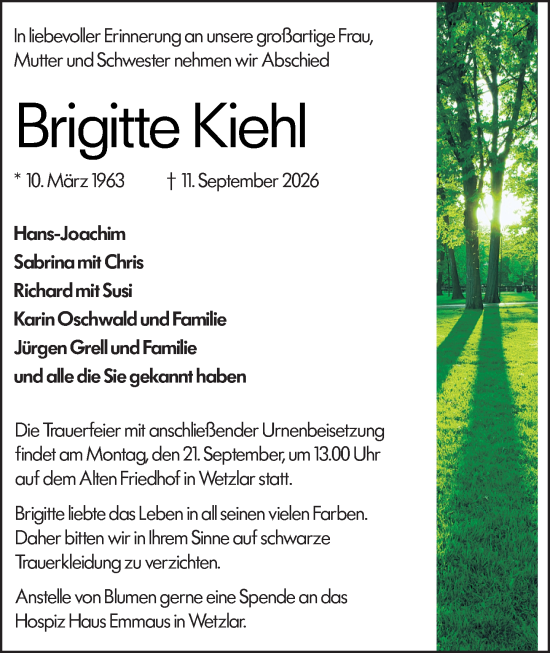 Traueranzeige von Brigitte Kiehl von Wetzlarer Neue Zeitung
