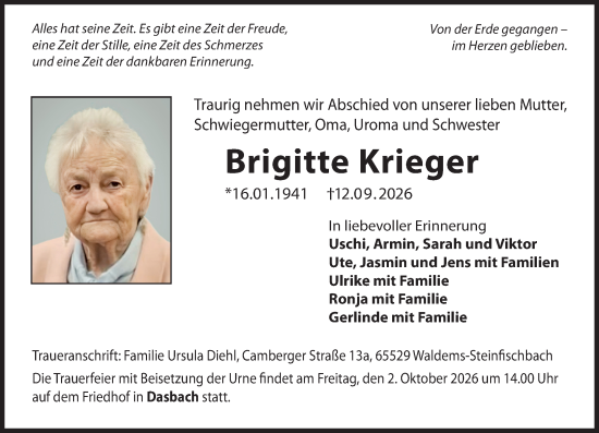 Traueranzeige von Brigitte Krieger von Camberger Anzeiger