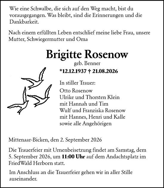 Traueranzeige von Brigitte Rosenow von Dill Block