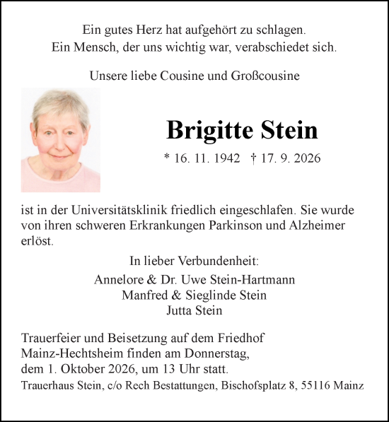 Traueranzeige von Brigitte Stein von Allgemeine Zeitung Mainz