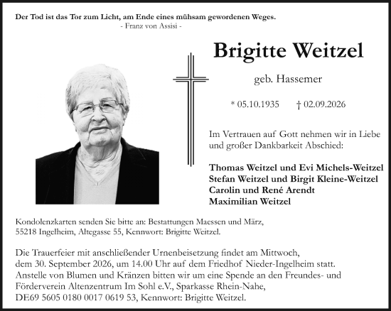 Traueranzeige von Brigitte Weitzel von Allgemeine Zeitung Rheinhessen-Nahe