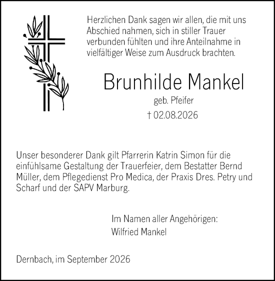 Traueranzeige von Brunhilde Mankel von Hinterländer Anzeiger
